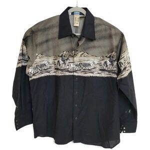 Brooks & Dunn Shirt‎ Mens 18 Black Western Cowboy Ranch Scene Pearl Snap USA